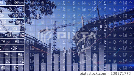 Displaying translucent market data overlay over skyline at site, with tower cranes and tickers Displaying translucent market data overlay over skyline at site, with tower cranes and tickers 139571773