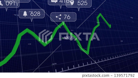Showing thick green 3D line chart zigzagging on dark blue grid plane, marker 106 139571792