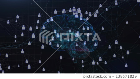 Glowing neon-blue brain pulsing with filaments in dark digital grid, white icons and links 139571829