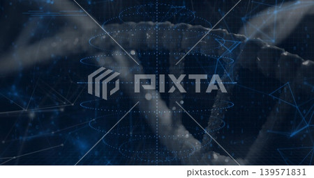 Rotating stylized DNA double helix floating in navy grid, displaying glowing nodes and rings Rotating stylized DNA double helix floating in navy grid, displaying glowing nodes and rings 139571831