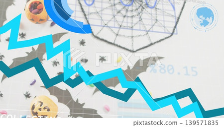 Displaying blue-teal jagged data overlay on craft mat with pumpkin bucket, candy, bats, spider web Displaying blue-teal jagged data overlay on craft mat with pumpkin bucket, candy, bats, spider web 139571835
