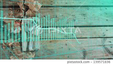 Displaying teal data overlay covering wooden plank tabletop, showing bars line leaves wrapped item Displaying teal data overlay covering wooden plank tabletop, showing bars line leaves wrapped item 139571836