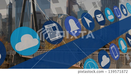 Displaying diagonal sheer blue band of app icons over pedestrian bridge, city skyline, autumn trees 139571872