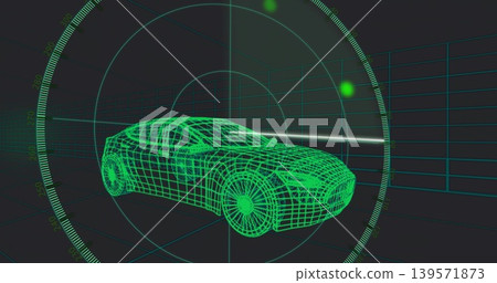 Displaying neon-green wireframe sedan rotating inside radar HUD over 3D grid with scan beam 139571873