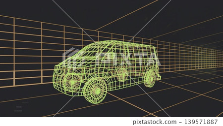 Rendering neon green wireframe van rotating in virtual 3D modeling studio, with orange grid 139571887