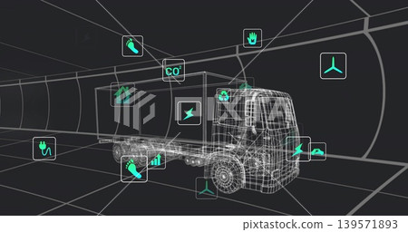 Displaying wireframe box truck floating inside virtual tunnel, showing grid floor, energy CO2 icons Displaying wireframe box truck floating inside virtual tunnel, showing grid floor, energy CO2 icons 139571893
