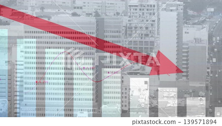 Displaying red diagonal arrow graphic crossing city center skyline, with teal bars and magenta line Displaying red diagonal arrow graphic crossing city center skyline, with teal bars and magenta line 139571894