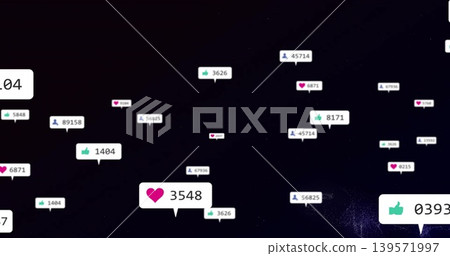 Floating white bubble showing pink heart 3548 over starry nebula with green like blue user icons 139571997
