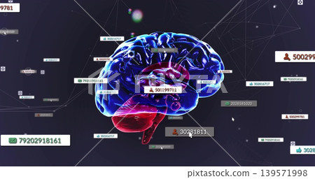 Showing 3D brain centered and rotating in digital space with data tags, badges, network and cursor Showing 3D brain centered and rotating in digital space with data tags, badges, network and cursor 139571998