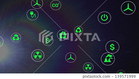 Glowing neon green circular icons floating over cosmic flare, showing recycle wind plug CO2 power Glowing neon green circular icons floating over cosmic flare, showing recycle wind plug CO2 power 139571999
