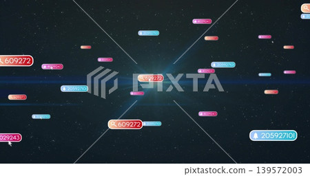 Glowing central label floating in dark starfield, displaying magnifying-glass icon and numeric ID Glowing central label floating in dark starfield, displaying magnifying-glass icon and numeric ID 139572003