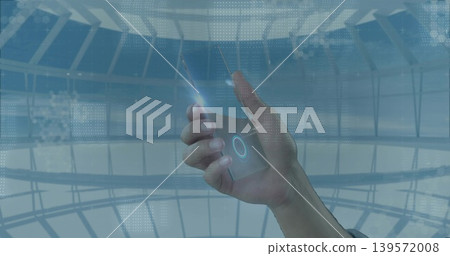 Holding right hand tapping device with glowing UI inside glass dome, thumb flare, wristband visible Holding right hand tapping device with glowing UI inside glass dome, thumb flare, wristband visible 139572008