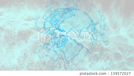 Rotating stylized blue globe showing contour lines and particle streams in abstract data field Rotating stylized blue globe showing contour lines and particle streams in abstract data field 139572027