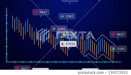 Displaying data dashboard on dark-blue panel, showing orange and blue bars, white zigzag, tooltips Displaying data dashboard on dark-blue panel, showing orange and blue bars, white zigzag, tooltips 139572031