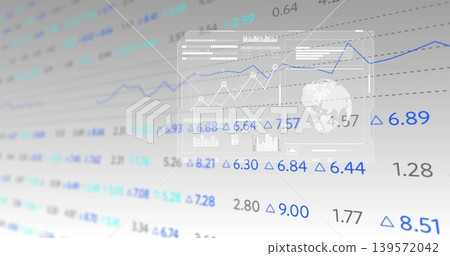 Displaying translucent panel in virtual workspace, showing blue line chart, globe icon, copy space 139572042