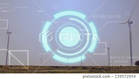Projecting central cyan holographic HUD over wind farm grassland, with turbines, UI, binary text 139572054