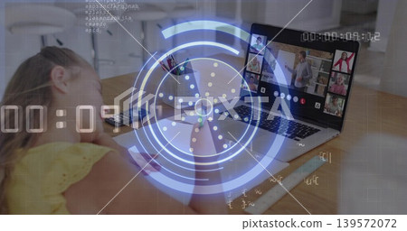 Studying child in yellow eyelet top leaning at kitchen table, viewing laptop, paper, ruler, HUD Studying child in yellow eyelet top leaning at kitchen table, viewing laptop, paper, ruler, HUD 139572072