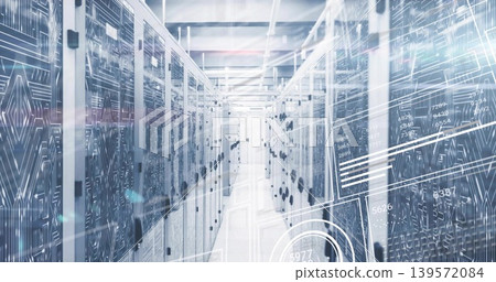 Stretching central aisle showcasing racked server cabinets at data center, with HUD overlays Stretching central aisle showcasing racked server cabinets at data center, with HUD overlays 139572084