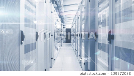 Leading long narrow data center aisle showing server cabinets with digital icons on glass doors Leading long narrow data center aisle showing server cabinets with digital icons on glass doors 139572088