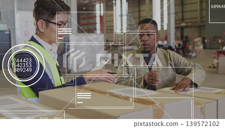 Checking two staff in hi-vis vest, coverall scanning boxes at shipping station, with clip HUD racks Checking two staff in hi-vis vest, coverall scanning boxes at shipping station, with clip HUD racks 139572102