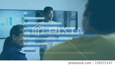 Presenting woman wearing light blouse explaining monthly bar chart in boardroom, holding tablet Presenting woman wearing light blouse explaining monthly bar chart in boardroom, holding tablet 139572147