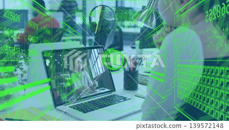 Watching worker focusing on laptop in modern office showing remote presenter in light blazer, AR UI Watching worker focusing on laptop in modern office showing remote presenter in light blazer, AR UI 139572148