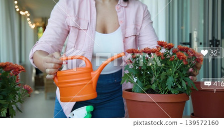Pouring water, woman tending potted chrysanthemums on porch, holding orange can, wearing pink shirt Pouring water, woman tending potted chrysanthemums on porch, holding orange can, wearing pink shirt 139572160