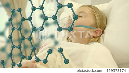 Lying child breathing through oxygen mask in hospital bed with IV tubing, molecular overlay 139572174
