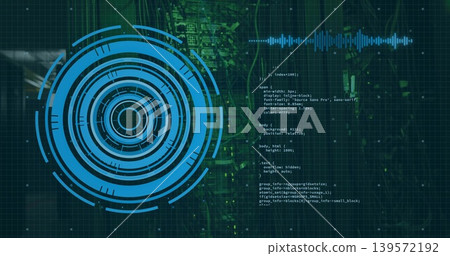 Displaying blue concentric HUD graphic scanning left side screen, with cyan waveform and white code Displaying blue concentric HUD graphic scanning left side screen, with cyan waveform and white code 139572192