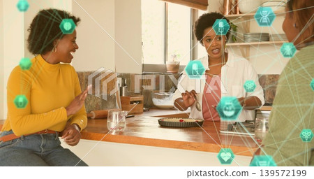 Laughing three women gathering in home kitchen, pointing at tart with teal hex icons overlaying Laughing three women gathering in home kitchen, pointing at tart with teal hex icons overlaying 139572199