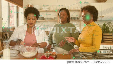 Mixing three women in bright tops preparing food at kitchen island with bowl and green overlay Mixing three women in bright tops preparing food at kitchen island with bowl and green overlay 139572200