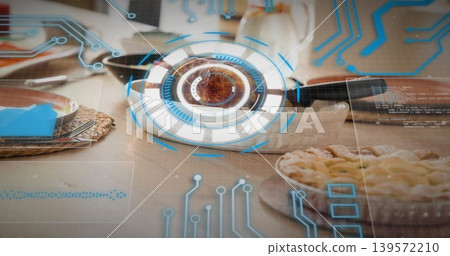 Displaying ceramic cup resting on saucer at wooden dining table, with lattice pie and HUD overlays Displaying ceramic cup resting on saucer at wooden dining table, with lattice pie and HUD overlays 139572210