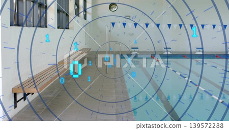 Displaying empty lap pool centered at recreation center, showing ladder, lanes, blocks, overlay 139572288