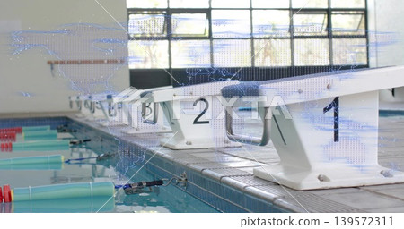 Showing white starting blocks numbered 1 and 2 at pool edge, reflecting turquoise lane floats 139572311