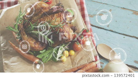 Sitting roasted-chicken resting on gingham cloth at blue table, with rosemary, spoon, HUD icons Sitting roasted-chicken resting on gingham cloth at blue table, with rosemary, spoon, HUD icons 139572401