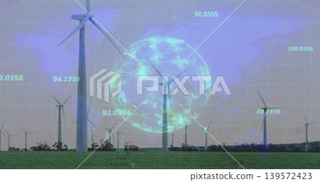Rotating central wind turbine projecting holographic sphere network over rural wind farm, readouts Rotating central wind turbine projecting holographic sphere network over rural wind farm, readouts 139572423