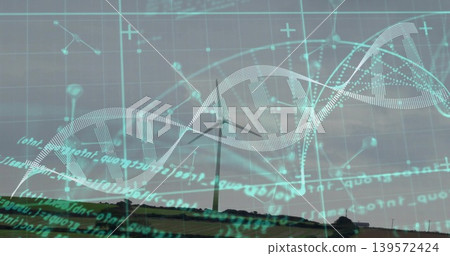 Towering wind turbine rotating over grassy ridge, showing DNA helix, network nodes, code Towering wind turbine rotating over grassy ridge, showing DNA helix, network nodes, code 139572424