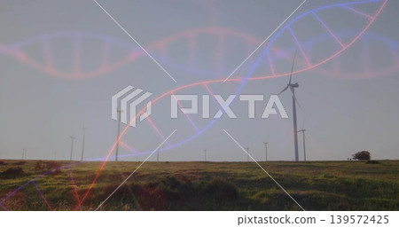 Showing single tall wind turbine rotating on grassy plain in afternoon with DNA helix, copy space 139572425