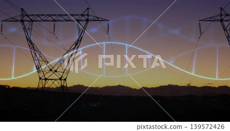 Dominating tower and glowing helix spanning dusk valley, with power lines, mountain ridge lights Dominating tower and glowing helix spanning dusk valley, with power lines, mountain ridge lights 139572426