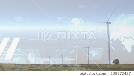 Showing large turbine at right, tracking distant turbines across prairie with HUD, copy space Showing large turbine at right, tracking distant turbines across prairie with HUD, copy space 139572427