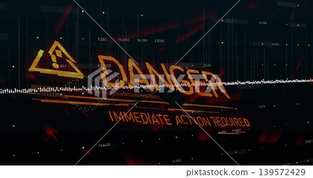 Displaying large glowing DANGER graphic on HUD, showing triangular hazard icon and waveform Displaying large glowing DANGER graphic on HUD, showing triangular hazard icon and waveform 139572429
