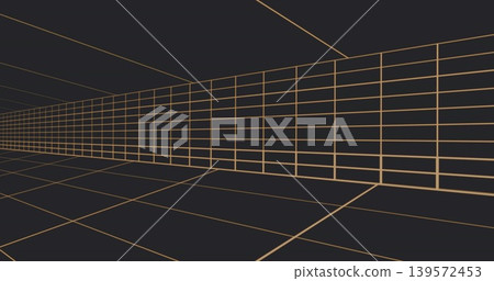 Glowing wireframe corridor receding to vanishing point on charcoal backdrop with amber grid lines 139572453