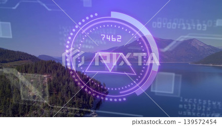 Floating translucent purple circular HUD overlay displaying dotted ring prism 7462 over alpine lake Floating translucent purple circular HUD overlay displaying dotted ring prism 7462 over alpine lake 139572454