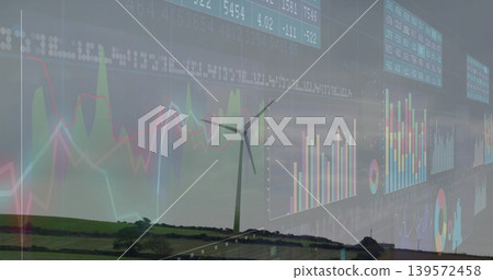 Blending wind turbine, rolling fields, hedges with thin line, bar, pie charts and tickers over farm Blending wind turbine, rolling fields, hedges with thin line, bar, pie charts and tickers over farm 139572458