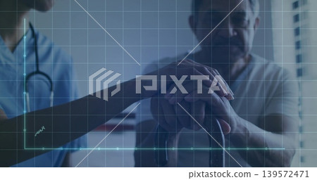 Placing female nurse holding senior man hands over cane in clinic with stethoscope and blue scrubs Placing female nurse holding senior man hands over cane in clinic with stethoscope and blue scrubs 139572471