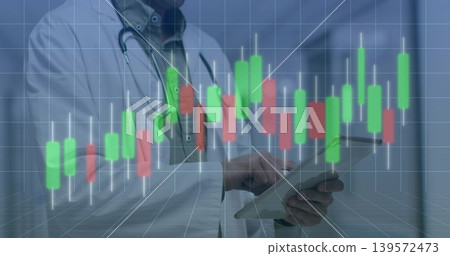 Holding tablet, physician in white coat reading candlestick chart in clinic, stethoscope, grid Holding tablet, physician in white coat reading candlestick chart in clinic, stethoscope, grid 139572473