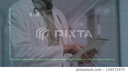 Tapping doctor in white lab coat, stethoscope using tablet in clinic corridor, HUD, copy space 139572475