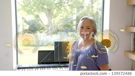 Standing senior wearing lavender top playing piano in home studio, brain mesh overlays, copy space Standing senior wearing lavender top playing piano in home studio, brain mesh overlays, copy space 139572486