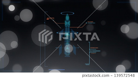 Displaying centered multi-stage rocket schematic on dark grid, showing reticle rings and readouts Displaying centered multi-stage rocket schematic on dark grid, showing reticle rings and readouts 139572548