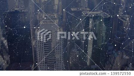 Hovering skyscrapers displaying digital network across downtown, with rooftop units, antennas Hovering skyscrapers displaying digital network across downtown, with rooftop units, antennas 139572550